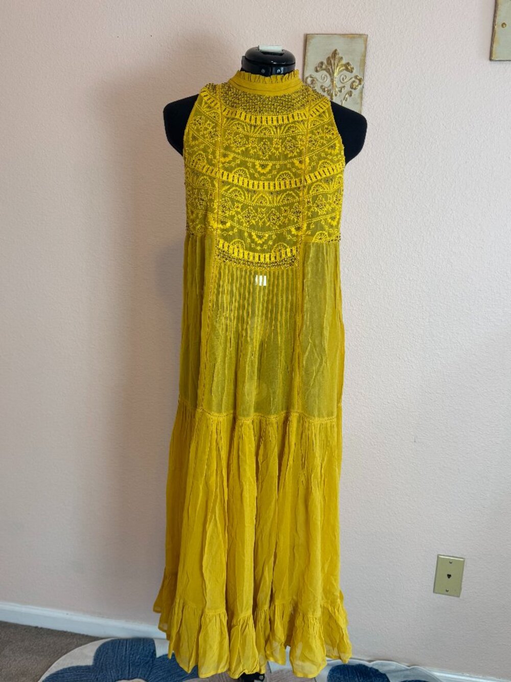 Beaded Boho Festival Romantic Sundance Mustard Gauze Flowy Dress Sz M
